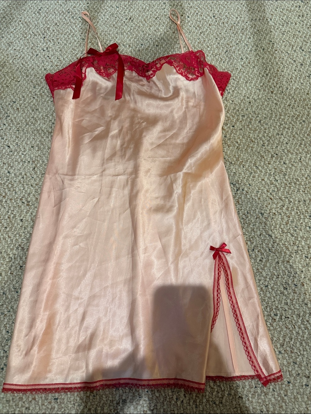 Victoria's Secret Peach Satin Chemise with Red Lace Accents